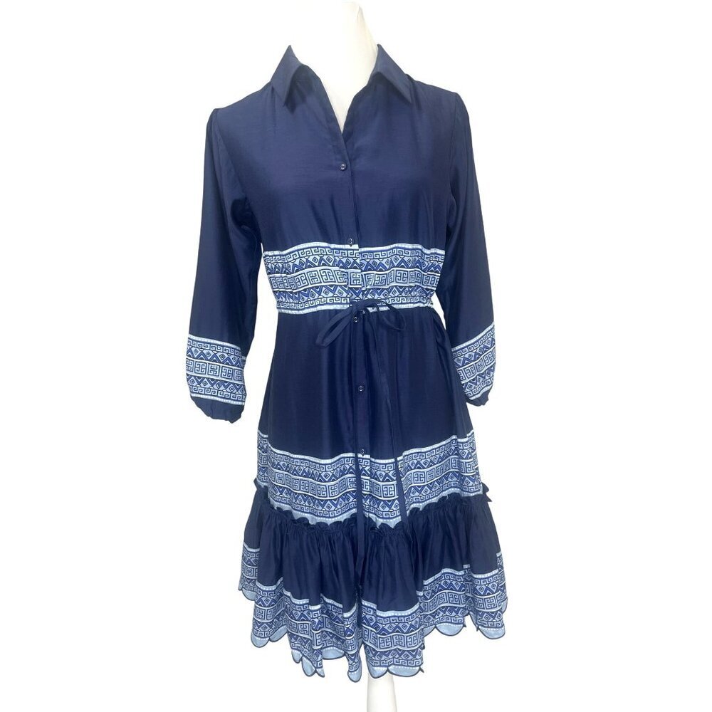 STS Sail to Sable Silk Blend Scallop Hem Long Sleeve Navy Blue Shirt Dress SM
